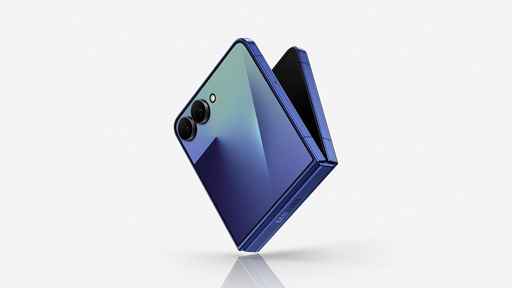 Samsung Galaxy Z Flip8 in blue, partially folded, showing its gradient back and dual cameras