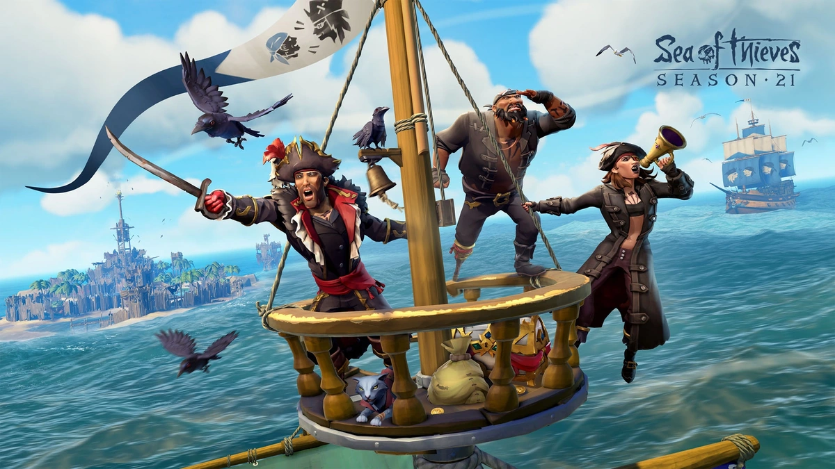 Sea of Thieves pirates brandishing a cutlass and speaking trumpet from a ship's crow's nest above open sea