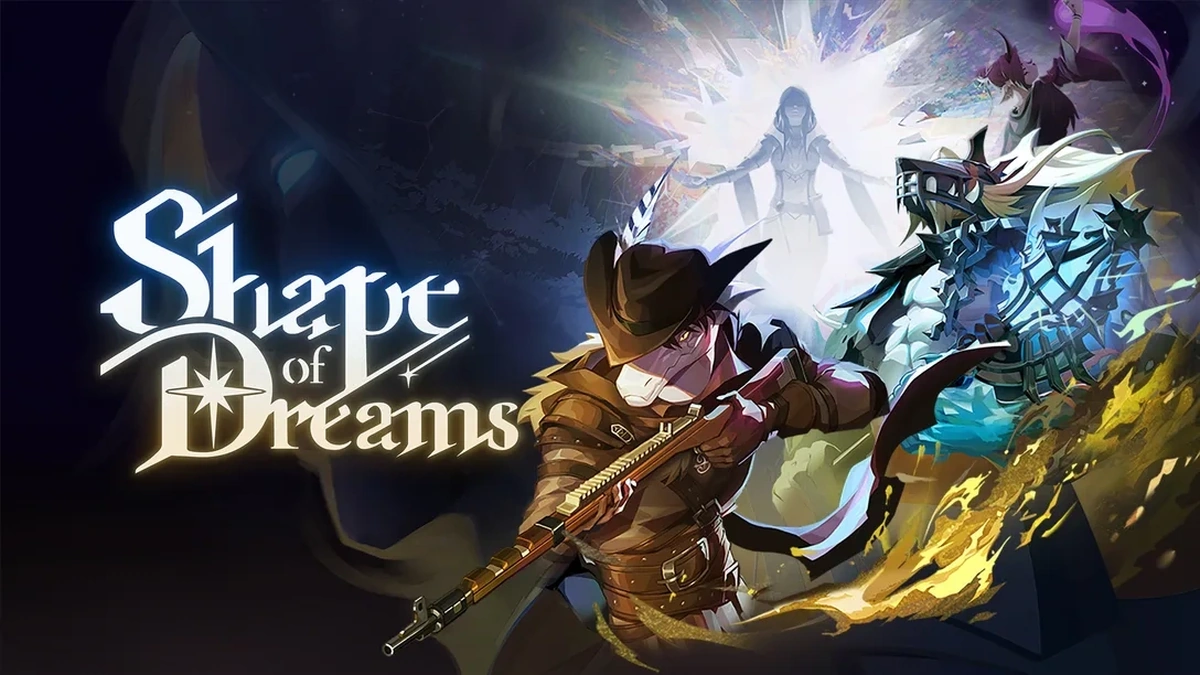 Shape of Dreams key art showing a pirate-hatted gunslinger, a glowing figure, and a masked warrior at night