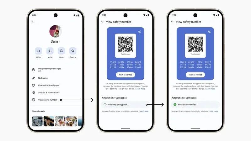 Signal app interface showing automatic key verification / safety number confirmation