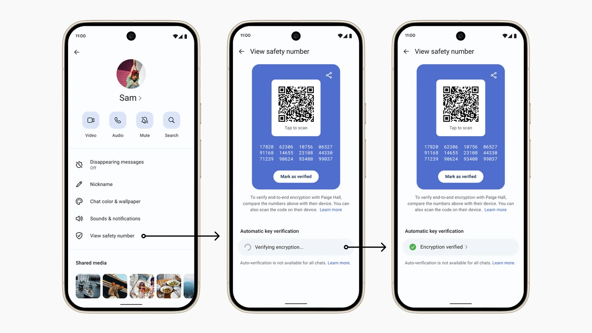 Signal app interface showing automatic key verification / safety number confirmation