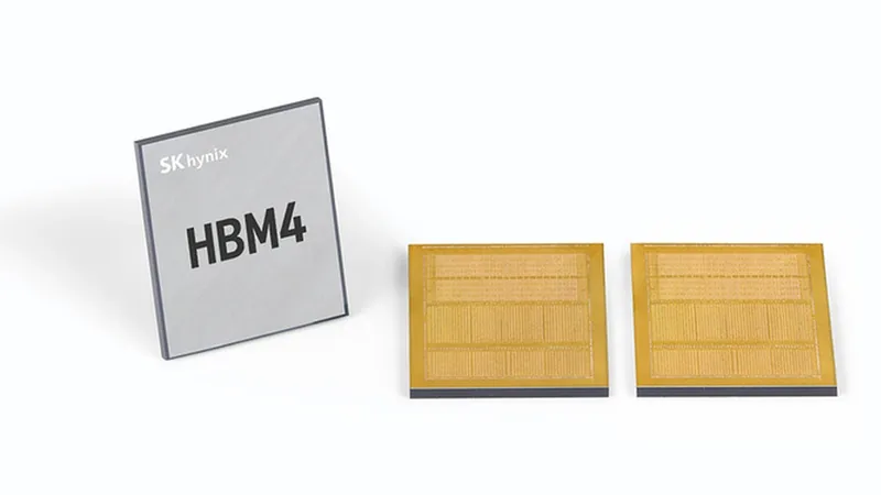 SK hynix HBM4 memory chip beside two gold chip undersides on a white background