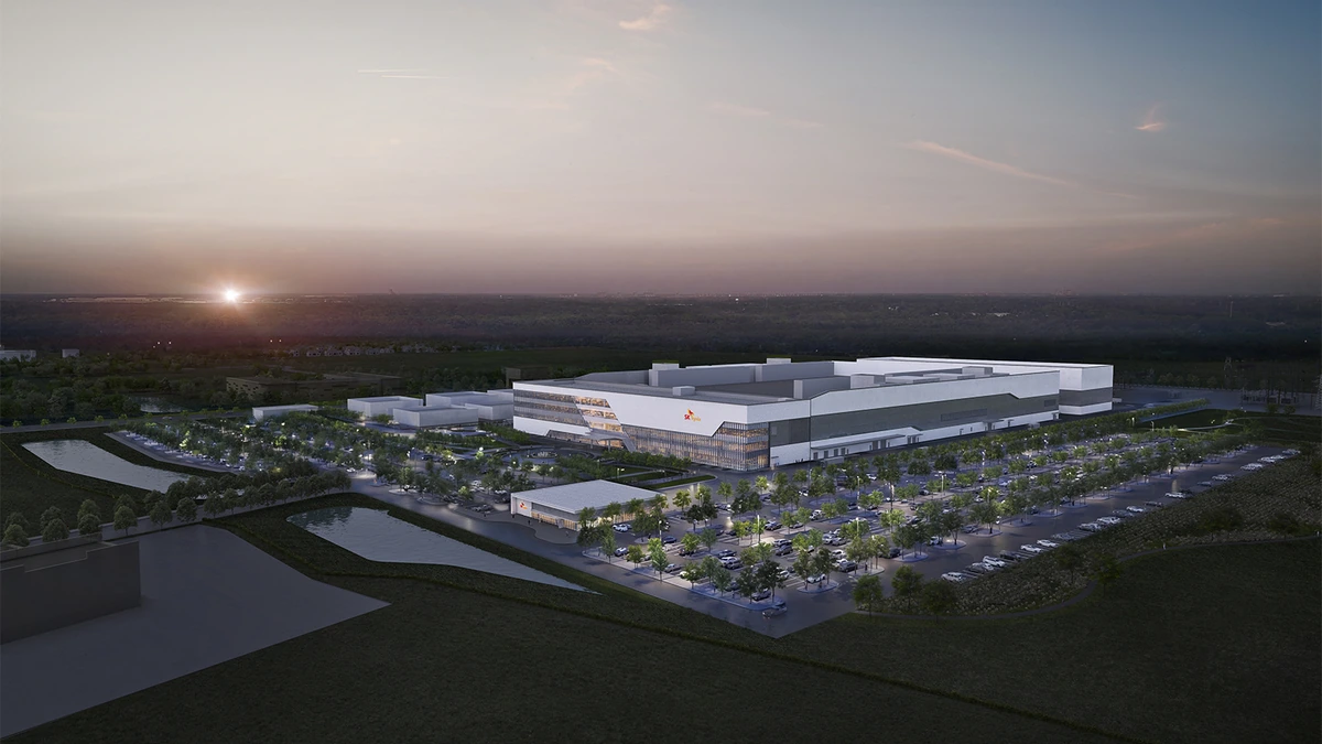 Aerial rendering of the SK hynix Indiana HBM campus, a white fab with the company logo, parking lots, and ponds at sunset