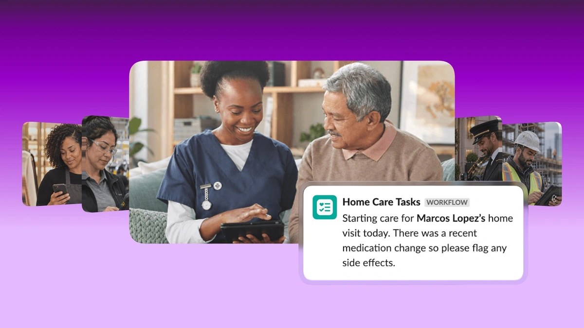 Slack Frontline Home Care Tasks message beside a carer showing a tablet to an older man