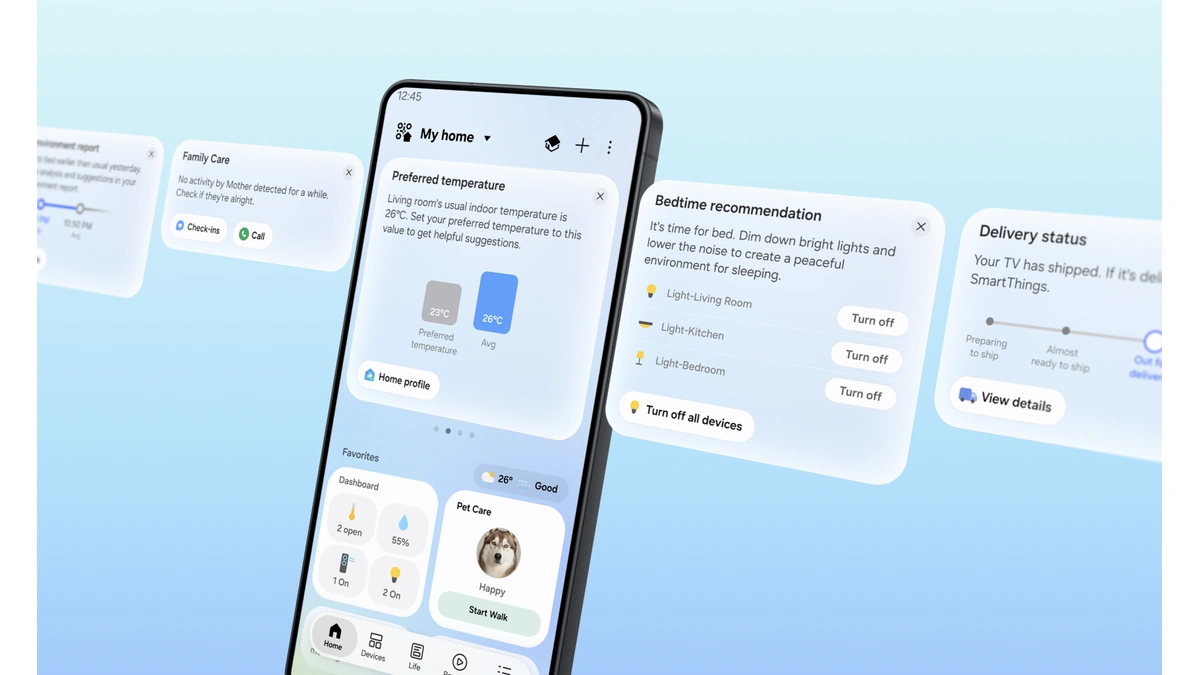 SmartThings Now home tab on a phone with preferred temperature, family care and bedtime recommendation cards