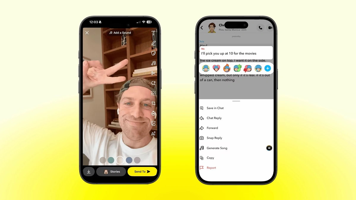 Snap app on two phones: a camera screen with an Add a Sound button and a chat menu listing Generate Song