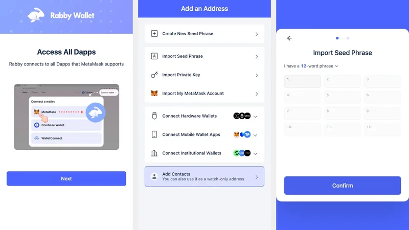 Fake Rabby Wallet Firefox extension screens prompting the user to import a seed phrase