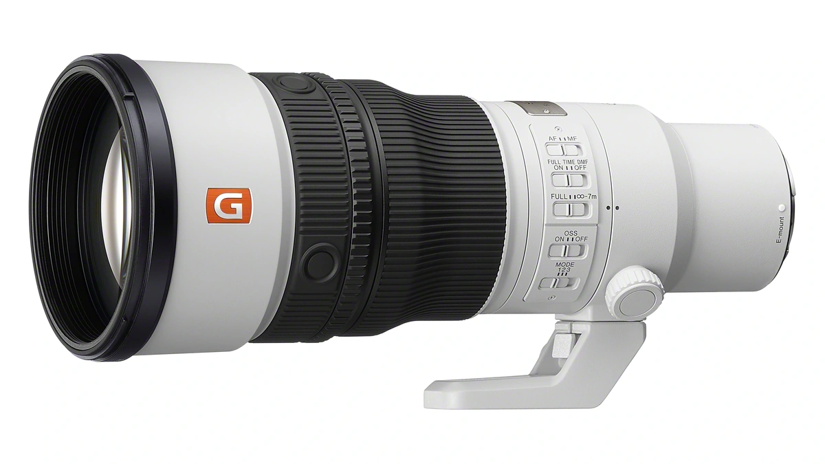 White G Master super-telephoto prime lens with tripod foot, its switch panel showing AF, OSS and focus-limiter controls