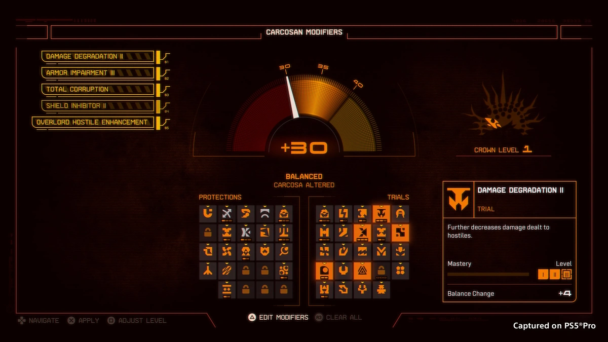 Saros Carcosan Modifiers menu with Damage Degradation II selected and a +30 balance gauge
