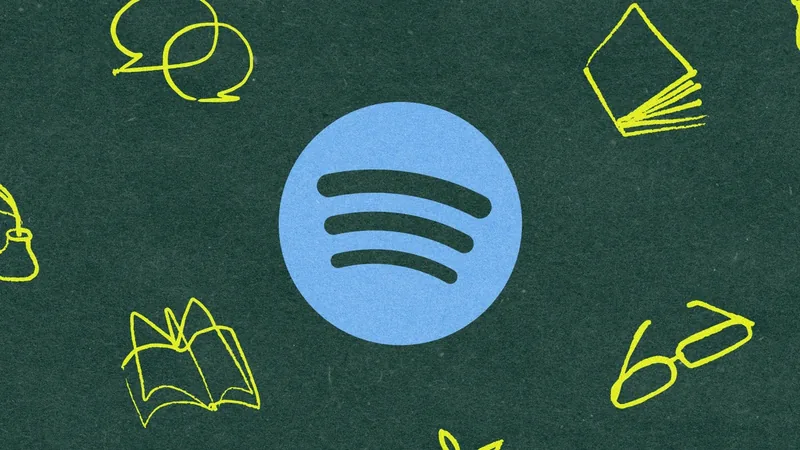 Spotify logo on a dark green backdrop with yellow hand-drawn books and speech bubbles