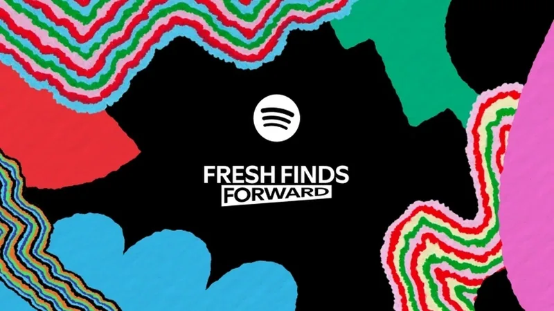 Spotify Fresh Finds Forward wordmark over a colorful abstract wave pattern on black