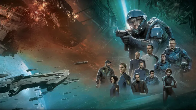 Squadron 42 cover art of armored soldiers and uniformed crew in front of capital ships in space