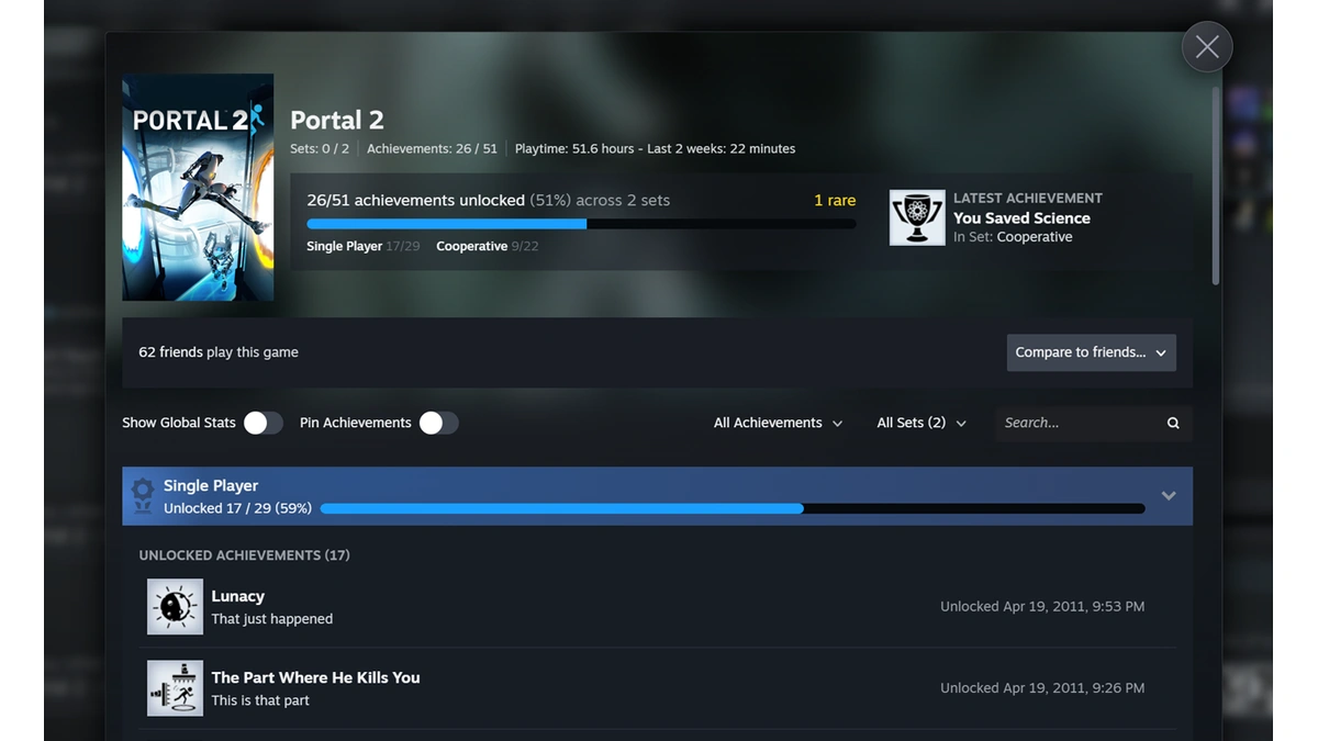Steam achievements view for Portal 2 showing Single Player and Cooperative set progress bars and a compare to friends menu