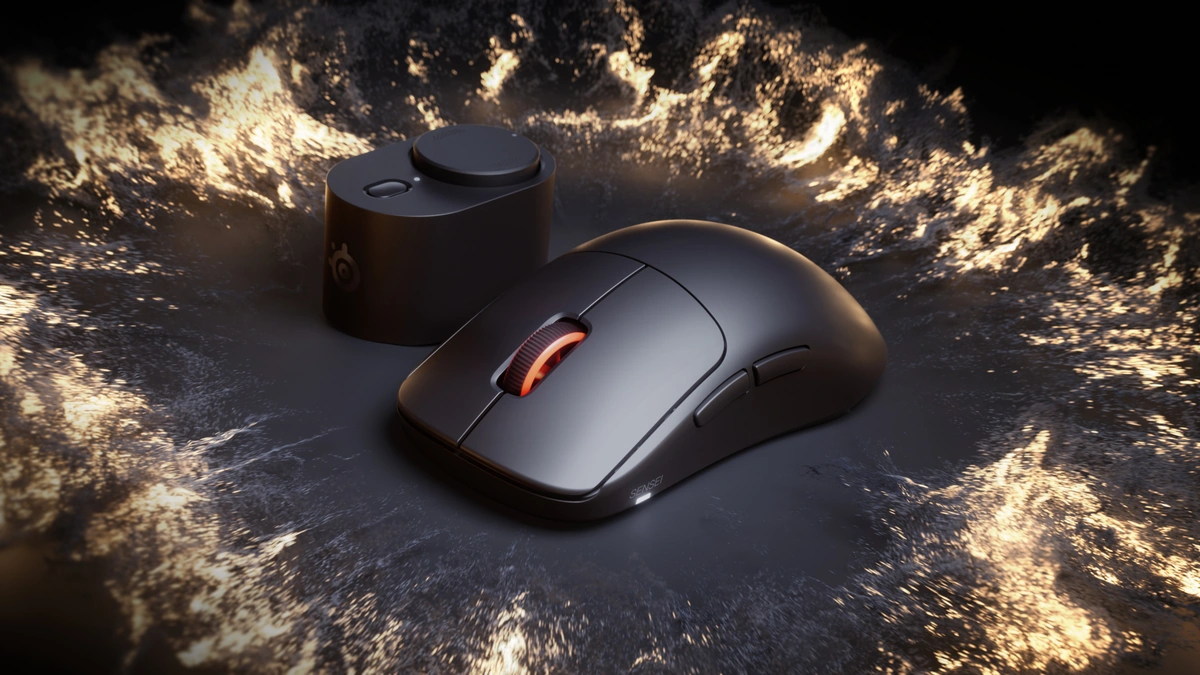SteelSeries Sensei Pro wireless gaming mouse beside its charging dock against a dark background with golden particles