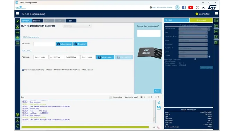 STM32CubeProgrammer secure programming screen showing RDP settings, ST-LINK configuration and a log pane