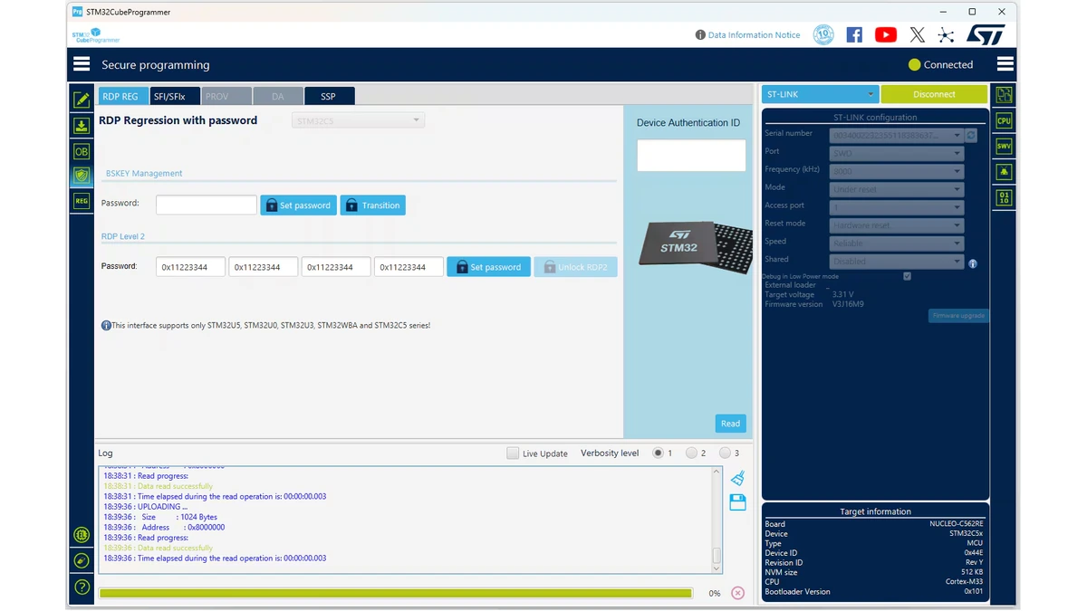 STM32CubeProgrammer secure programming screen showing RDP settings, ST-LINK configuration and a log pane