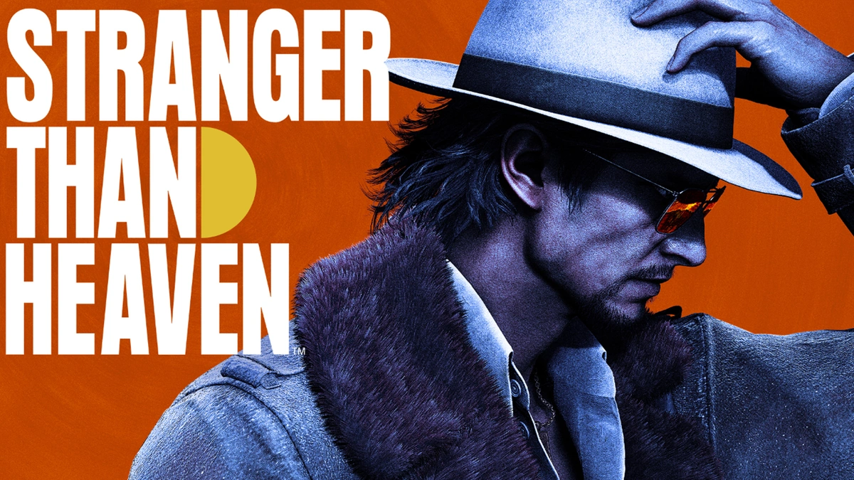 Stranger Than Heaven key art shows a man in a fedora and fur-collared coat against an orange background