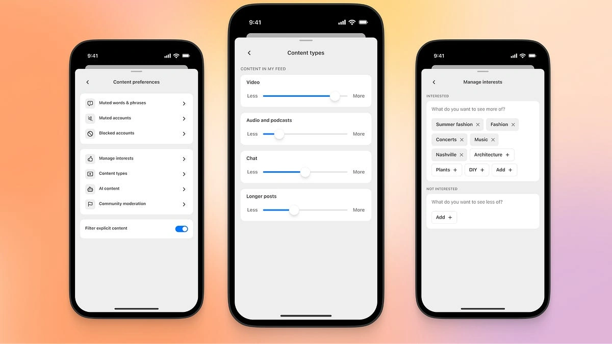 Substack content preferences on three phone screens, with sliders for video, audio, chat and longer posts