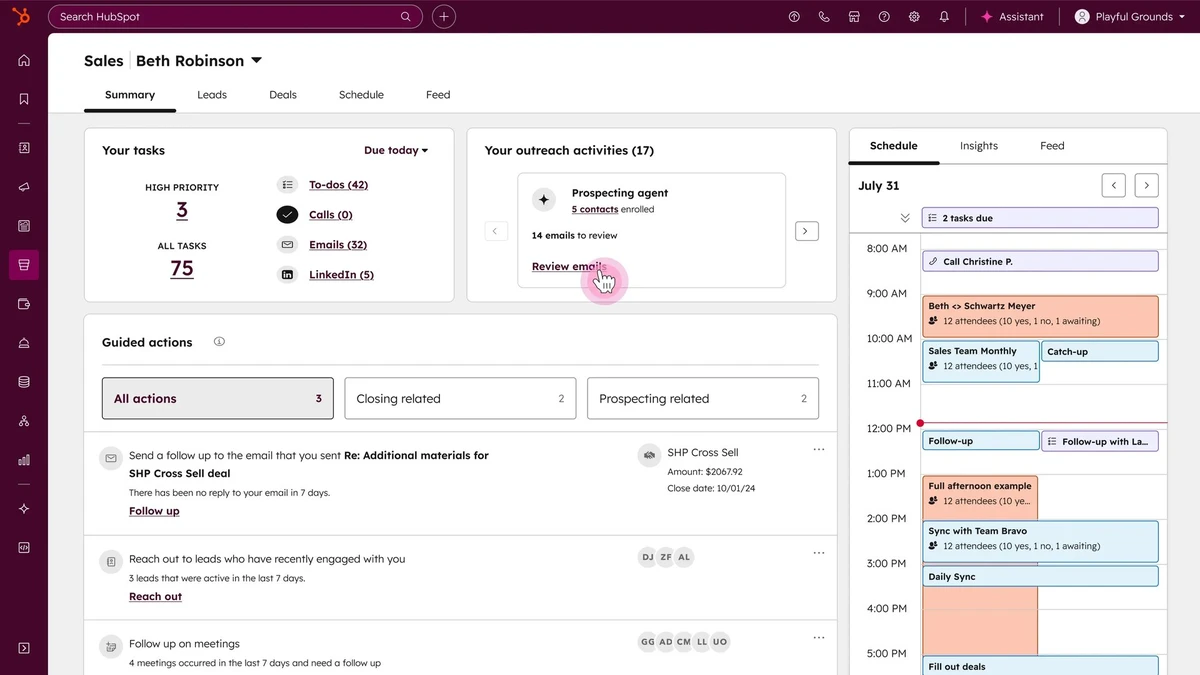 A HubSpot Sales Hub CRM workspace shows a deal pipeline and contacts.