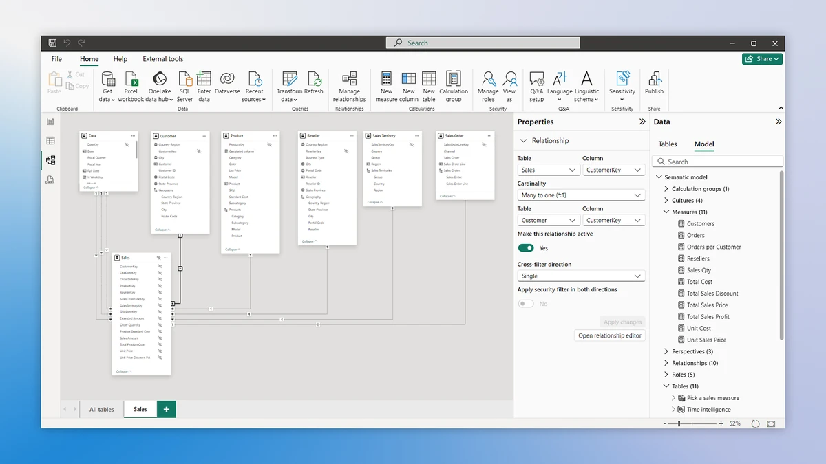 Power BI Desktop model view with linked tables on the canvas, a Properties pane and the Data pane