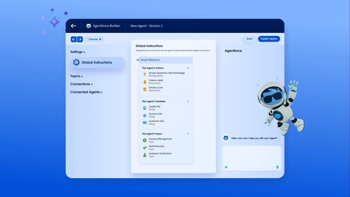A Salesforce Agentforce builder shows an AI agent configured for CRM tasks.