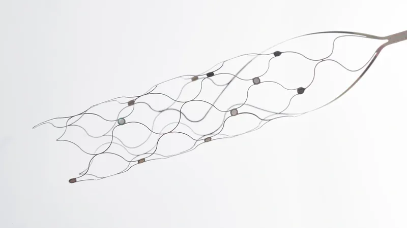 Synchron Stentrode, a mesh stent with small electrodes, on a white background