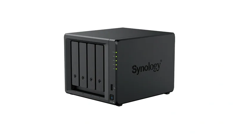 Synology DS925+ NAS seen at an angle with its drive bays and status lights on a white background