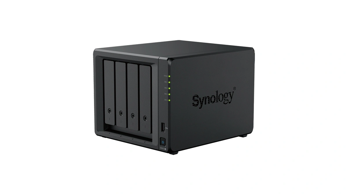 Synology DS925+ NAS seen at an angle with its drive bays and status lights on a white background