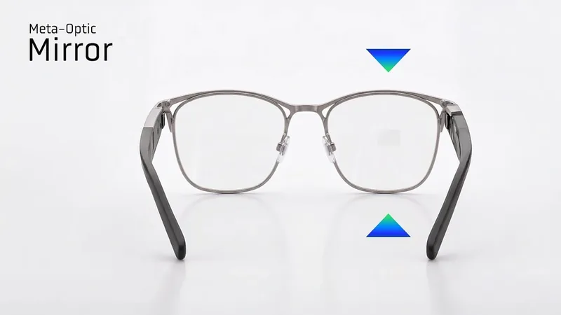 TDK smart glasses seen from behind on a white background, captioned Meta-Optic Mirror
