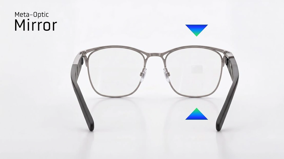 TDK smart glasses seen from behind on a white background, captioned Meta-Optic Mirror