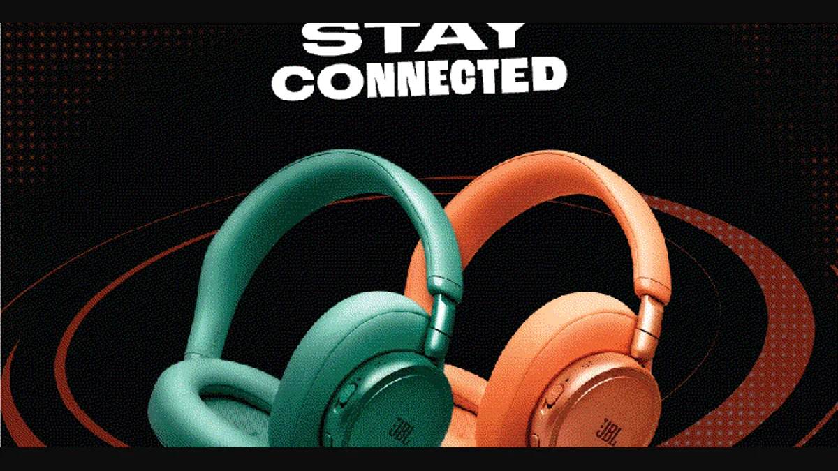 Teal and orange JBL Live headphones beside the words Stay Connected on a dark background