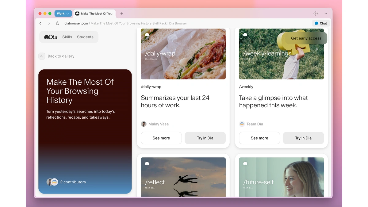 Dia browser showing the Make The Most Of Your Browsing History skill pack with daily-wrap and weekly cards