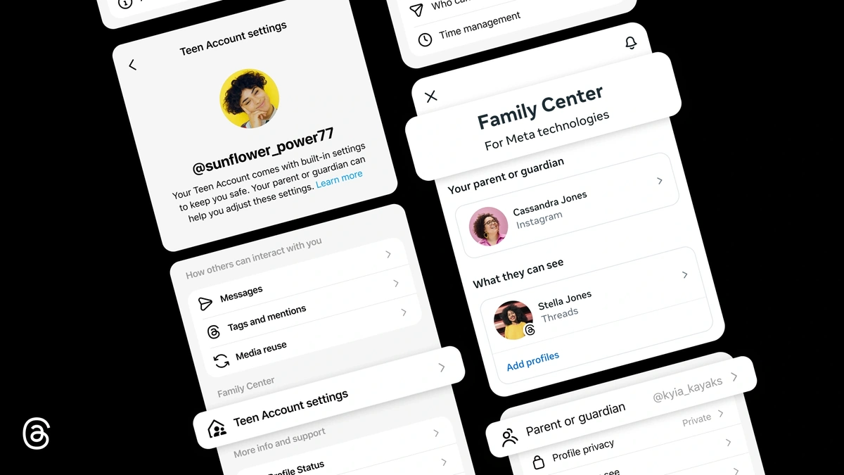 Threads Teen Account settings and Family Center screens showing parent links and interaction controls
