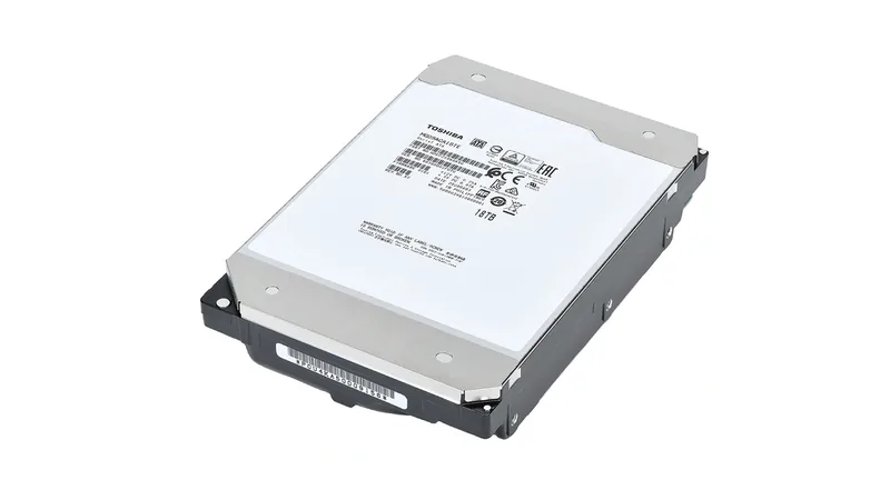 Toshiba nearline hard disk drive on a white background, seen at an angle