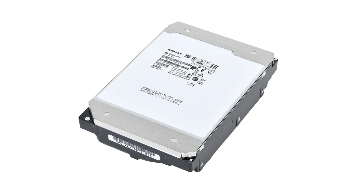 Toshiba nearline hard disk drive on a white background, seen at an angle