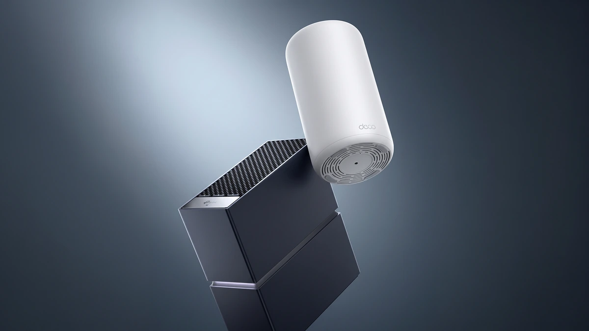 TP-Link Archer 8 Ultra router and white Deco 8 Ultra mesh unit on a dark blue background