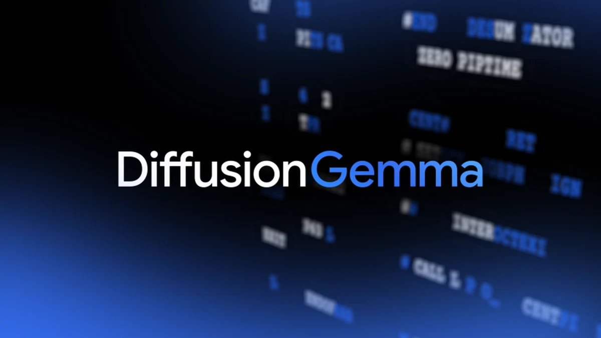 DiffusionGemma wordmark on dark blue background with blurred code tokens
