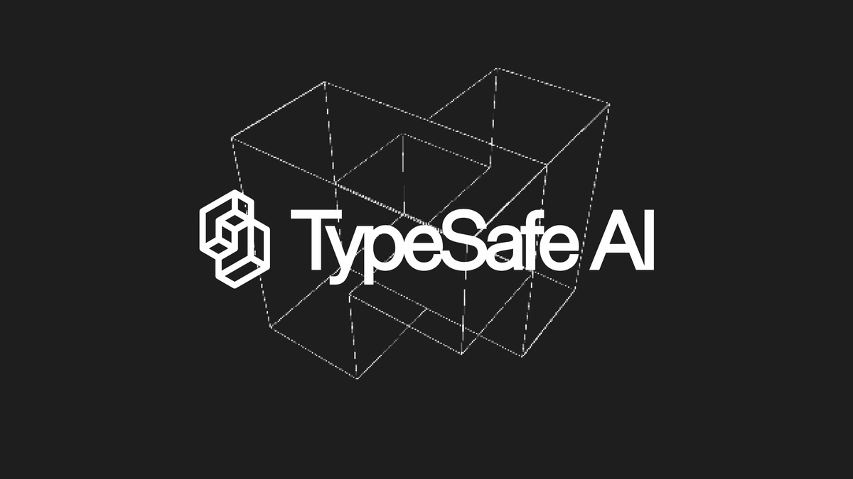 TypeSafe AI logo in white over a dotted wireframe cube on a dark background