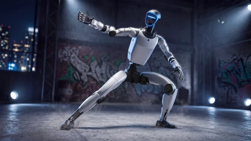 Unitree G1+ humanoid robot in a wide lunge on a concrete floor in front of brick walls covered in graffiti
