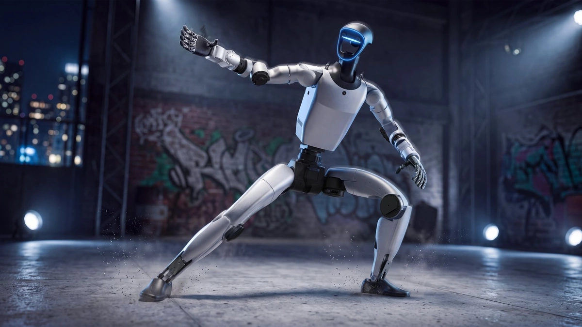 Unitree G1+ humanoid robot in a wide lunge on a concrete floor in front of brick walls covered in graffiti