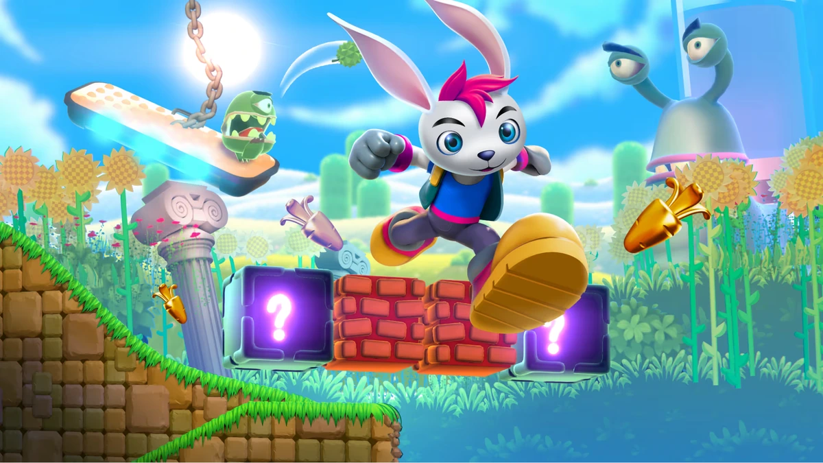 Cartoon rabbit platformer scene from Unity's Bunny Blitz sample project under a blue sky