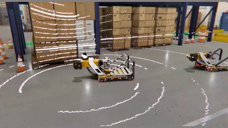 Unity Simulation Pro scene of autonomous mobile robots on a warehouse floor among stacked boxes, pallets and orange cones
