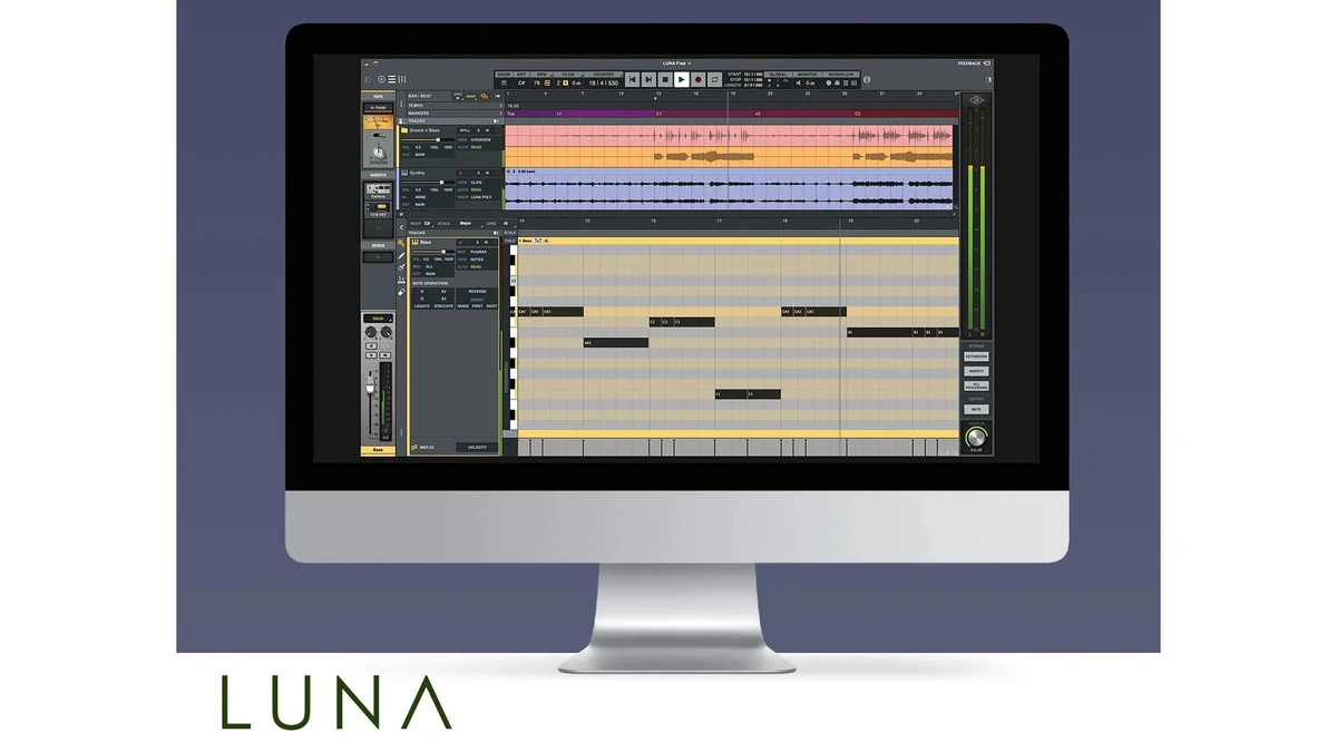 LUNA recording software on an iMac showing audio tracks and a piano-roll editor