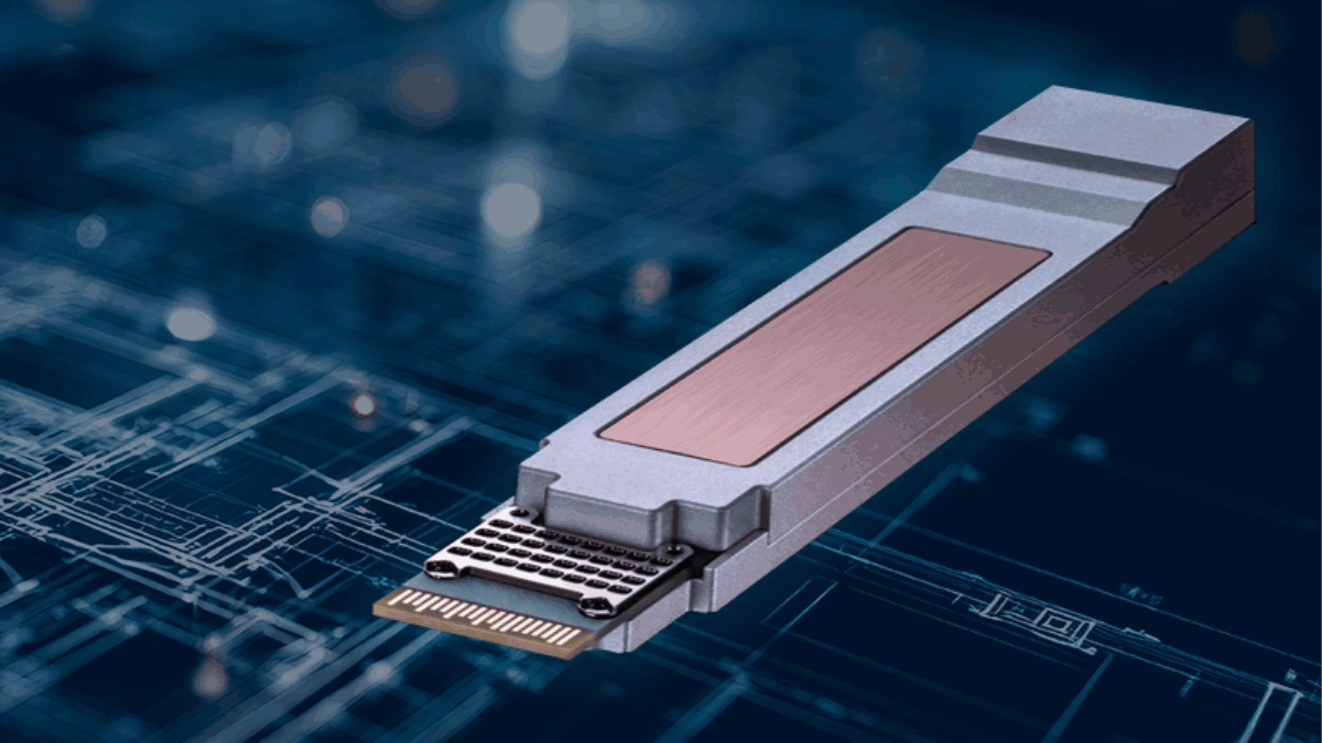 USFP pluggable optical module with a copper-colored top plate, shown over a blue circuit-pattern background