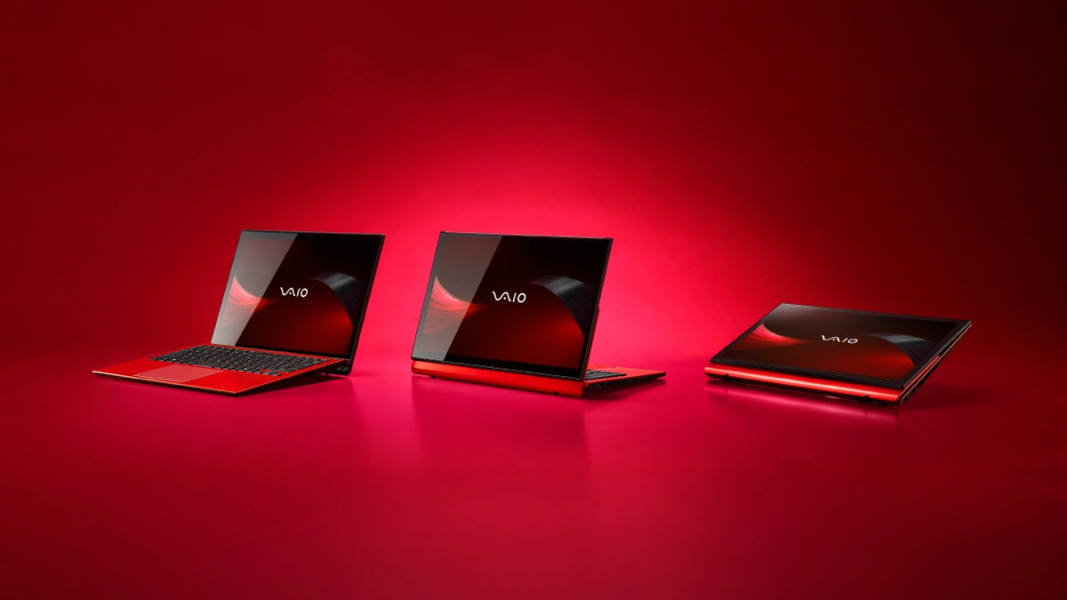 VAIO T in red shown in notebook, view and tablet modes against a red studio backdrop