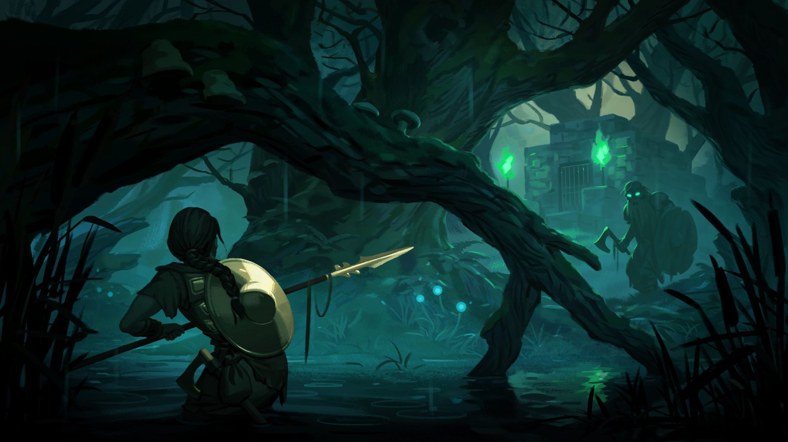 Valheim swamp biome with dark atmospheric lighting and silhouetted creature