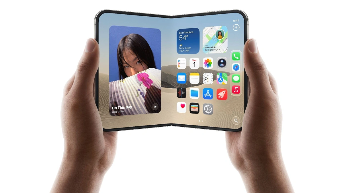 iPhone Duo foldable held open in two hands showing the home screen with widgets and app icons