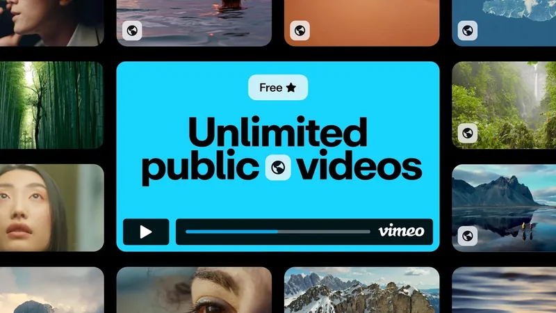 Vimeo graphic reading Unlimited public videos on a blue player frame surrounded by video thumbnails