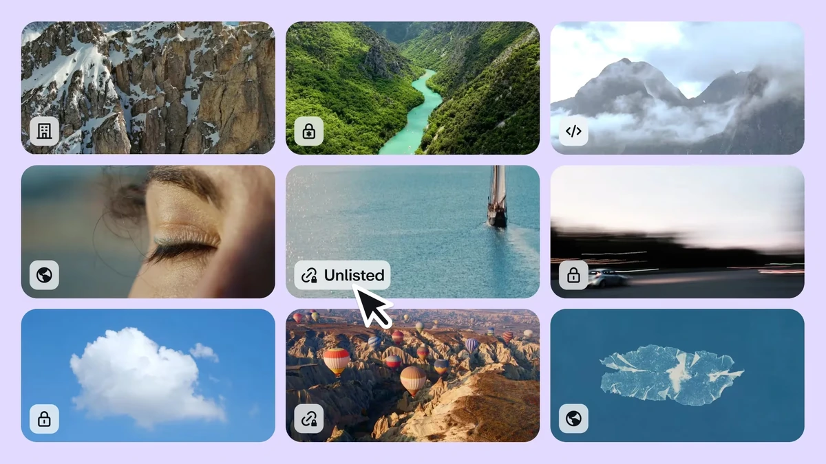 Grid of Vimeo video thumbnails with privacy badges and a cursor selecting Unlisted