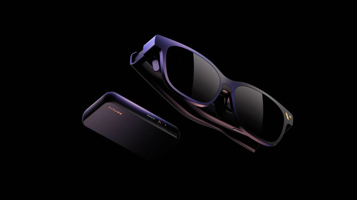 Viture Pro 2 XR glasses shown with their mobile dock, product render on black